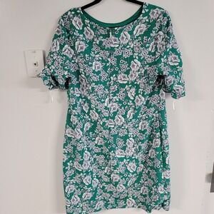 Karl Lagerfeld Paris Green Floral Crepe Shift Dress Size 12 Short Sleeve Ruffle